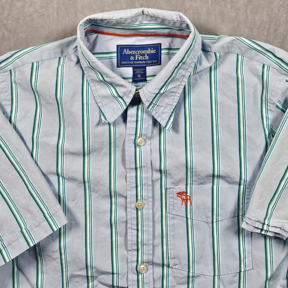 Vintage Abercrombie & Fitch Shirt Mens XL Blue Striped Pocket Logo Short Sleeve